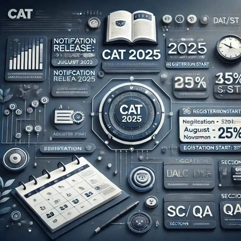 DALL·E 2025-03-12 01.27.37 - A professional infographic displaying an overview of the CAT 2025 exam. The image includes a sleek design with a dark blue and white color scheme. The